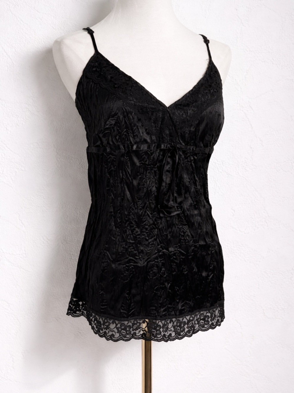 Vintage Black Lace Satin Cami Whimsigoth Romantic Crinkle Slip Top 8